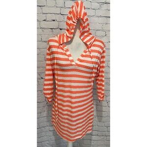 Balance Cover Up Collection Beach Hoodie Womens Orange White Stripes Size Medium